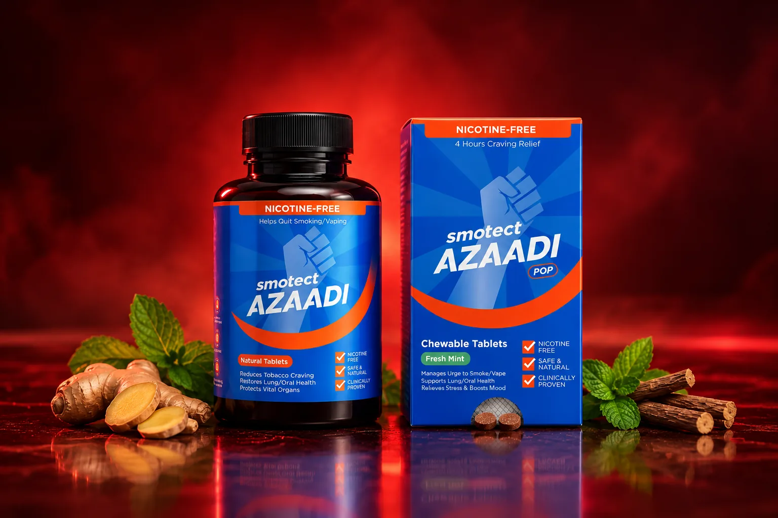Smotect Azaadi tablets and Azaadi Pop in a dark red studio scene
